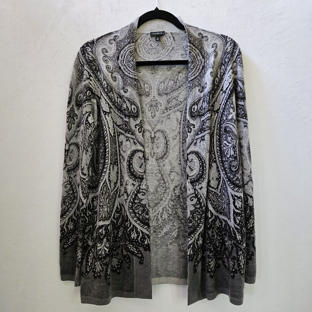 Talbots Black Gray Paisley Medallion Print Open Cardigan Size M Lambswool Nylon